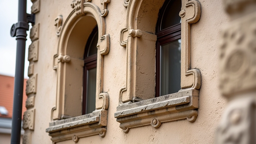 Detaļa no Vecā ielas — tradicionālie logi un sienām rūdītas dekorācijas