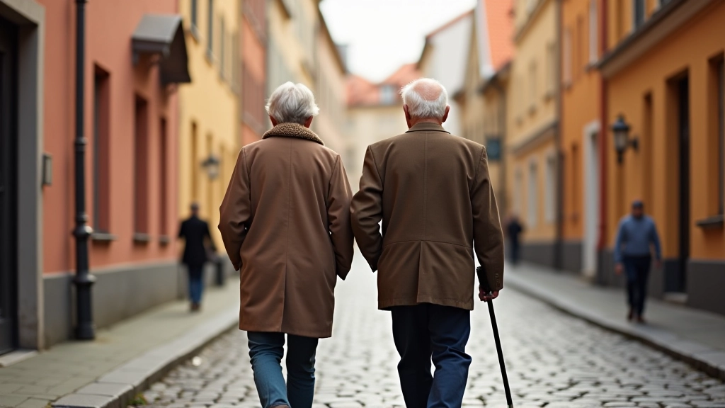 Seniori pastaigā pa Vecpilsētas bruģaino ielu, smaids un mieru noskaņa