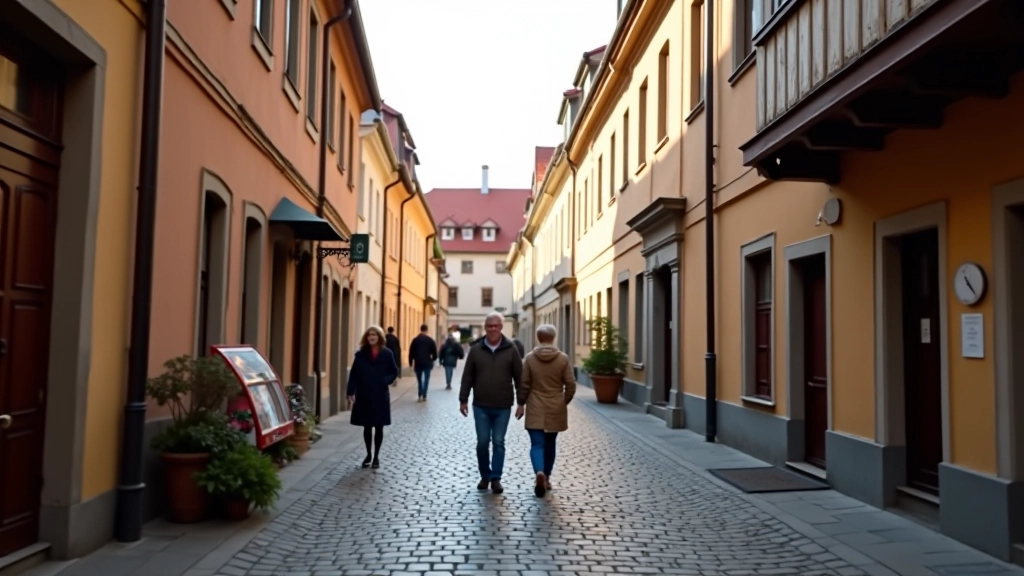 Vecā iela ar viduslaiku māju fasādēm un bruģētā iela segums, vēsturisks pilsētas skats